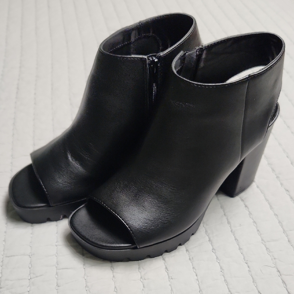 Chunky Lug Sole Black Women's Peep-Toe Ankle Boots